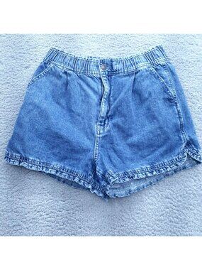 American Eagle High Waisted Mom Shorts Blue Denim Elastic Waist Pockets Size 2
